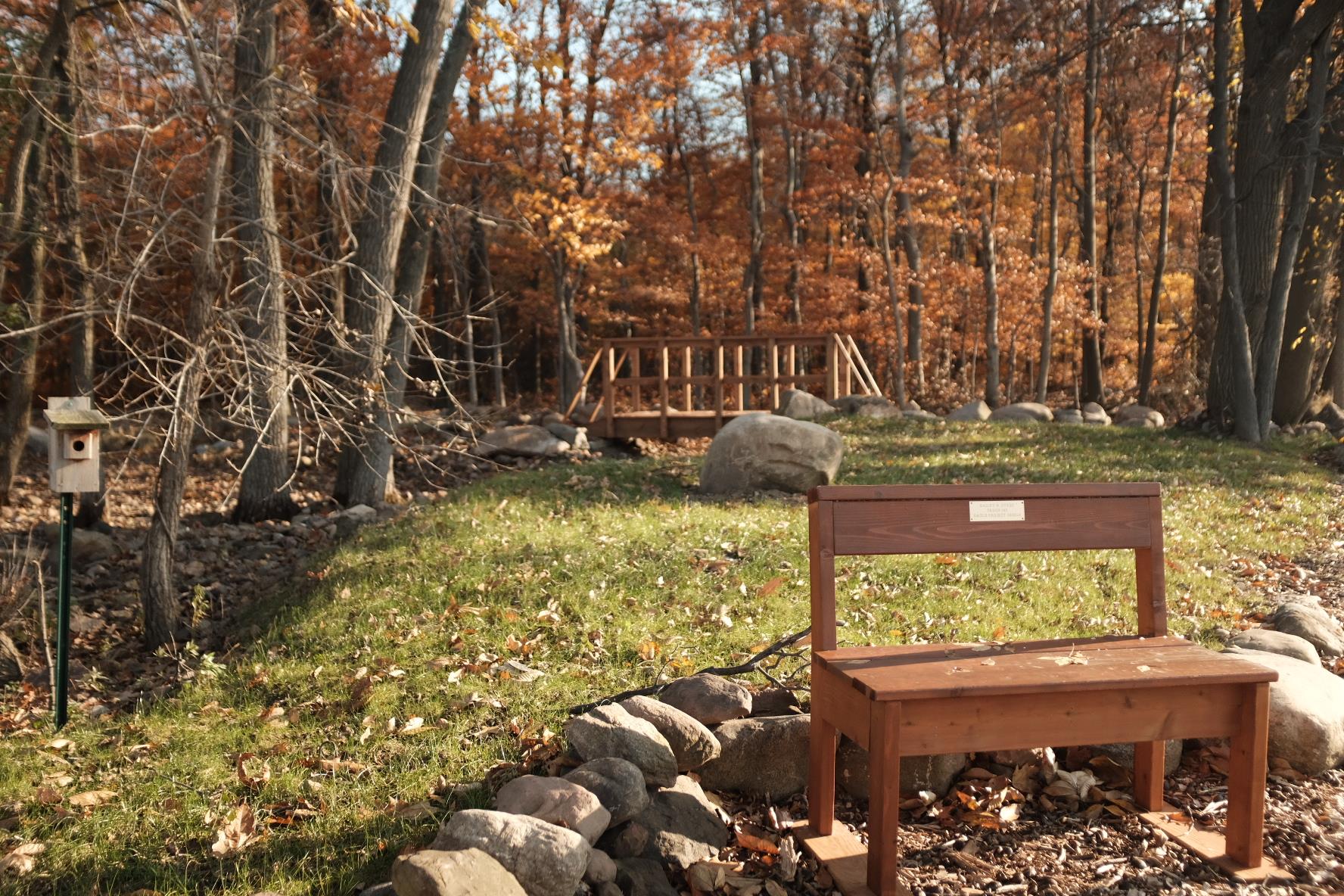 Slide-3-3 Green Burial area with a bench and wooden bridge