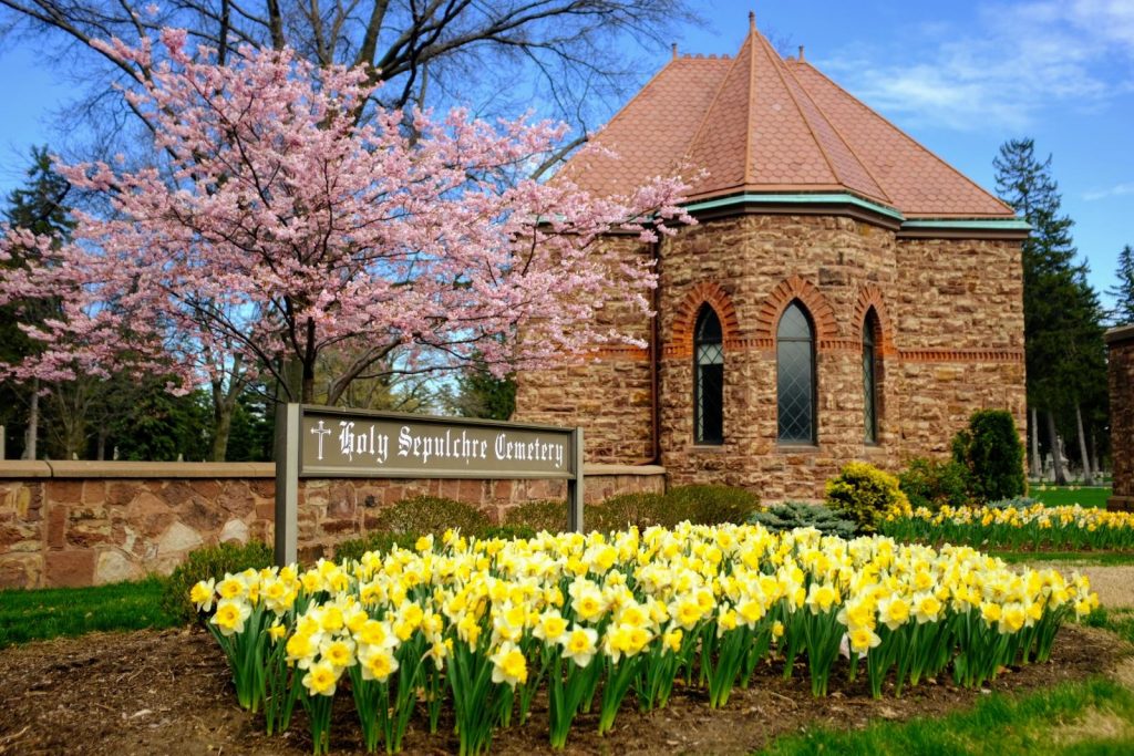 chapel-with-daffodils Columbarium surrounded by pink trees